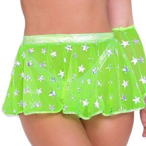 Hologram Star Print Sheer Mesh Mini Skirt Neon Green